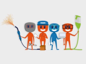 DIe 4 illustrierten Maskotchen für die Azubi-Kampagne für SAM. Vier genderneutrale, bunte Figuren für die Bereiche Mechanik und Elektro.