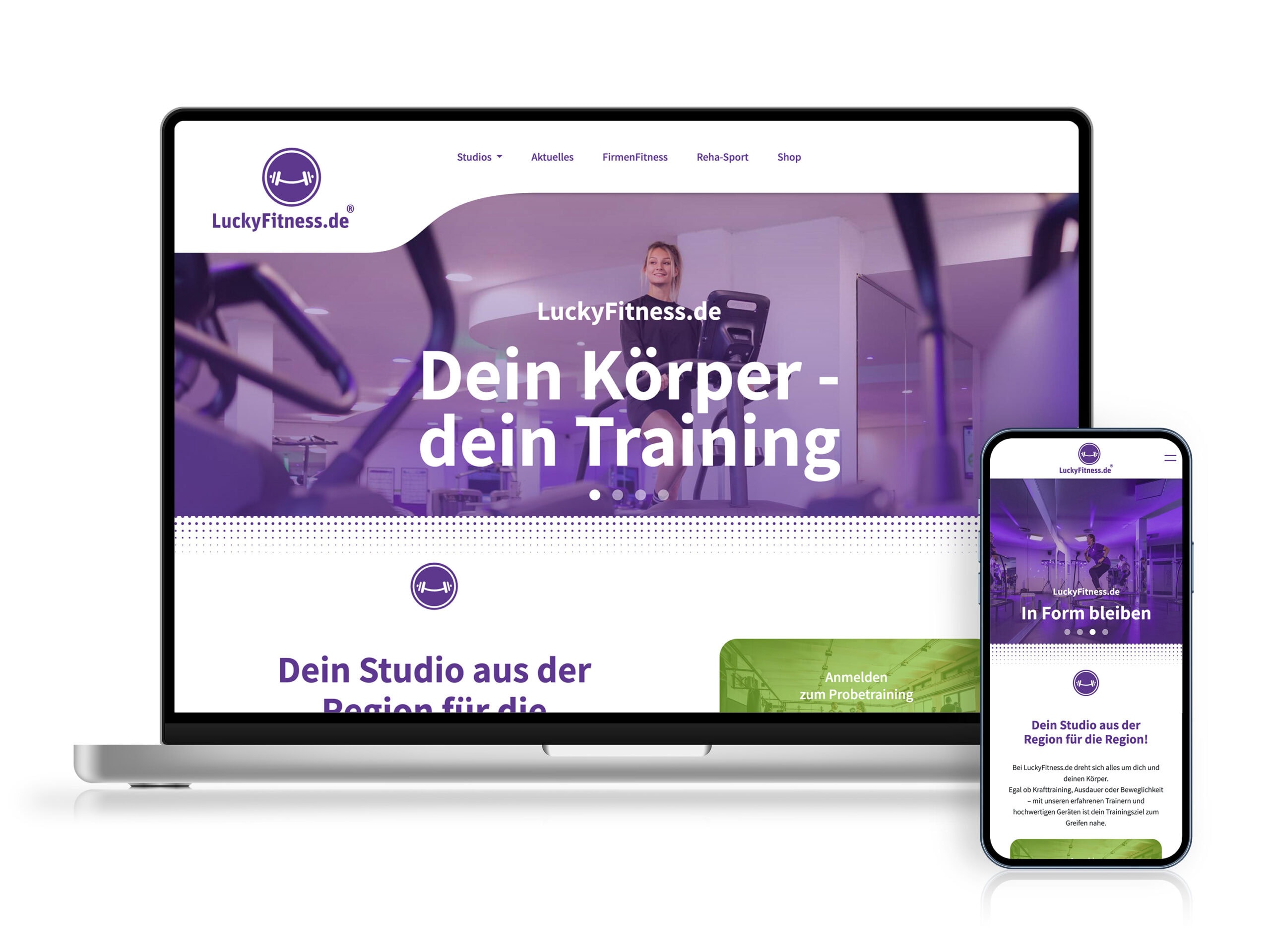 Website-Relaunch LuckyFitness Webdesign aus Magdeburg für LuckyFitness.de. Angezeigt auf Desktop und Smartphone.