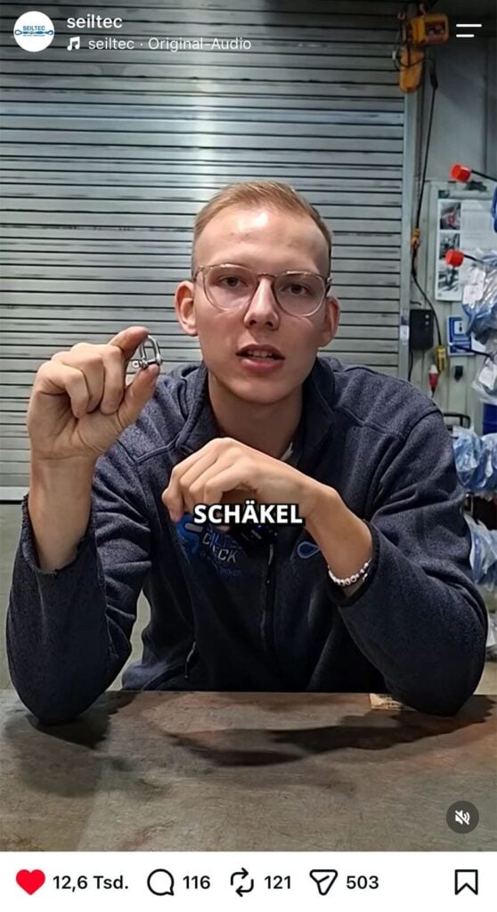 Ein Screeshot vom Instagram-Reel über Schäkel, das wir mit seiltec gedreht haben. Das Video hat über 12.000 Likes bekommen.