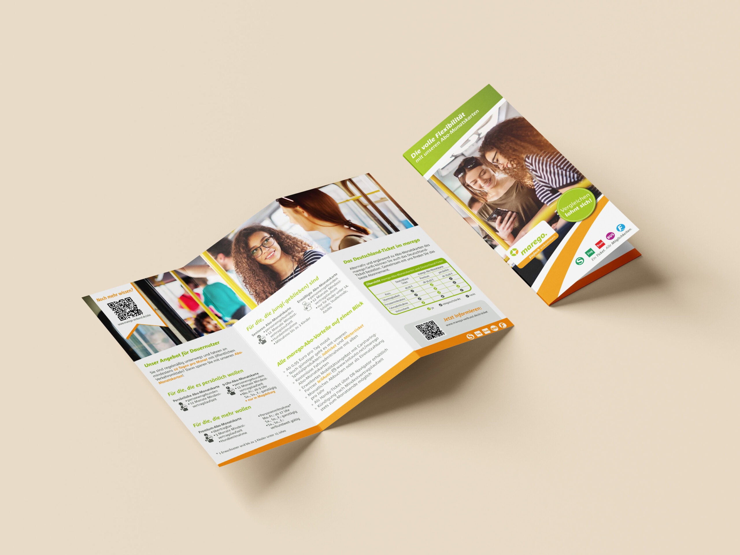 marego Flyer zur Abo-Monatskarte 2024 Sechs-seitiger Flyer zur Abo-Monatskarte für marego. Design von hummelt und partner | Werbeagentur Magdeburg