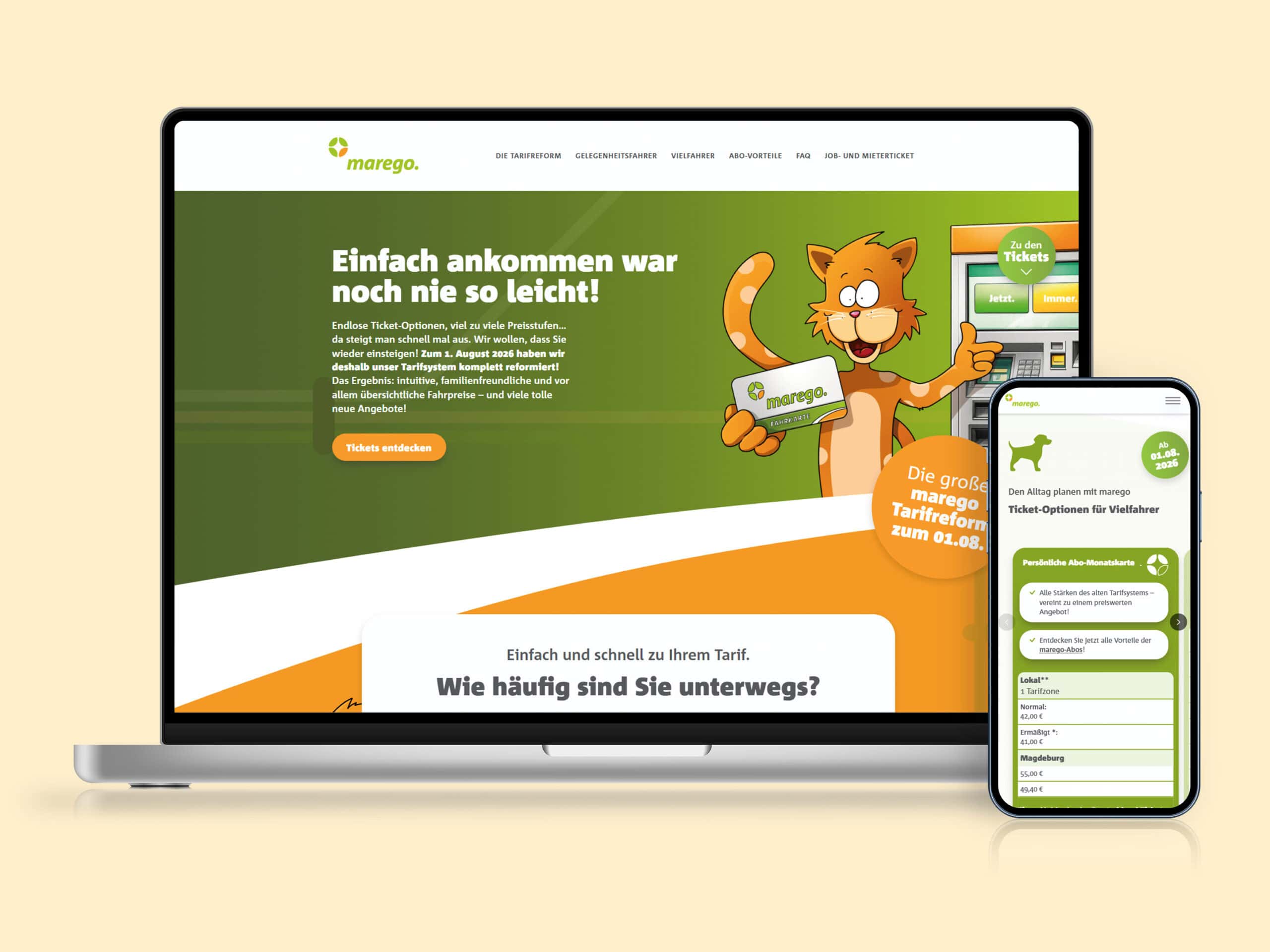 marego Webdesign zur Tarifreform Die Startseite der Tarifreform-Seite von marego auf Laptop und iPhone